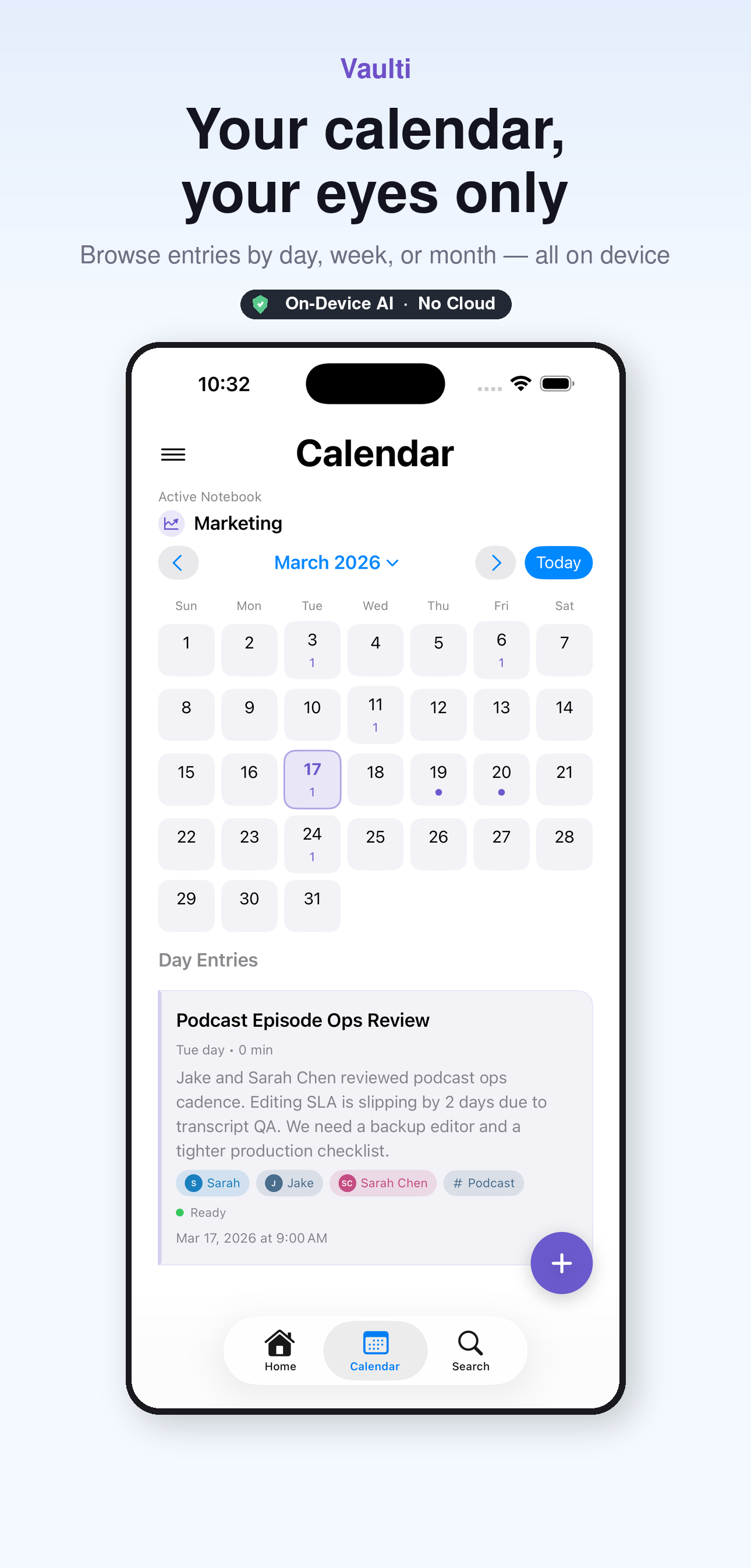 Vaulti calendar with entries on selected days