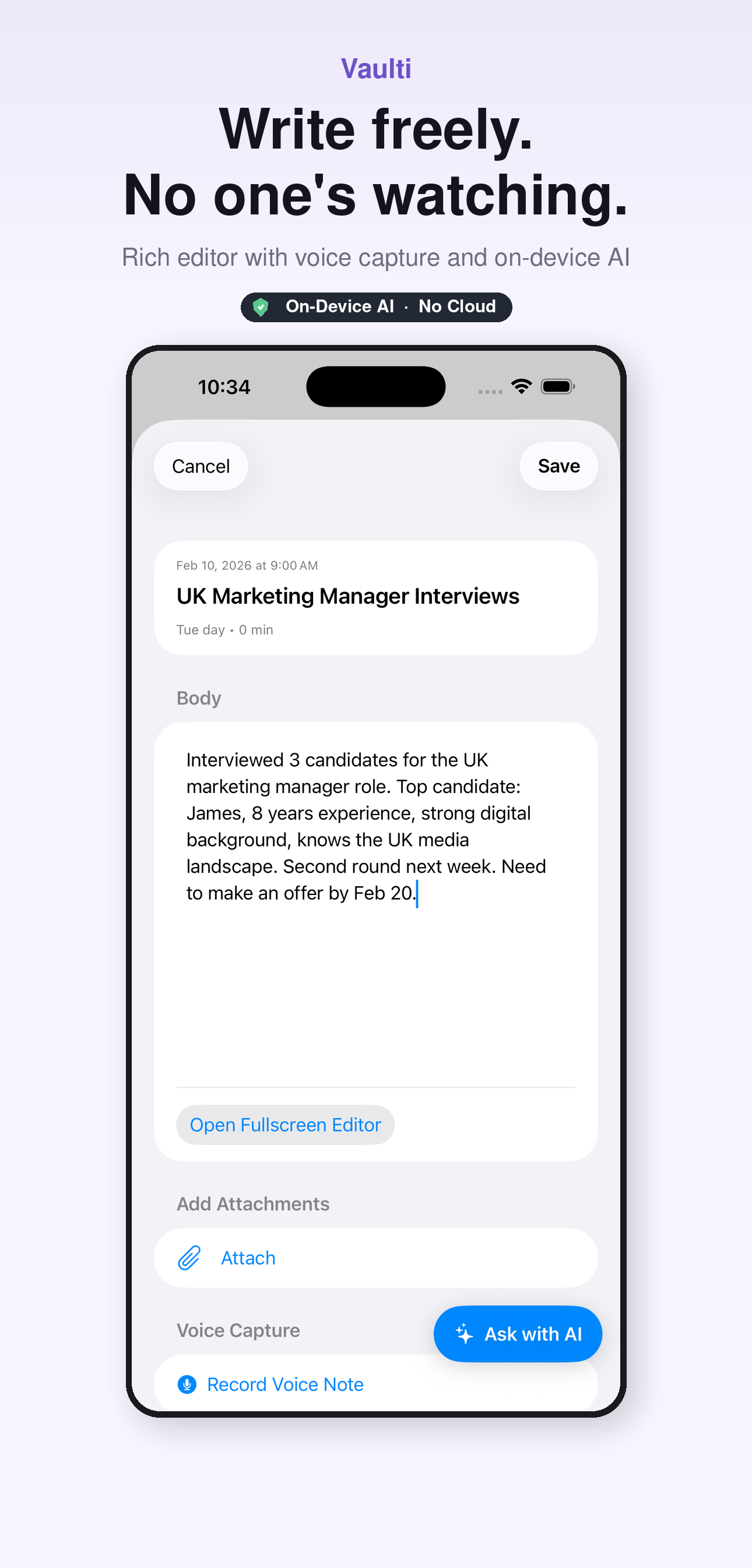 Vaulti entry editor with Attach, Record Voice Note, and Ask with AI actions