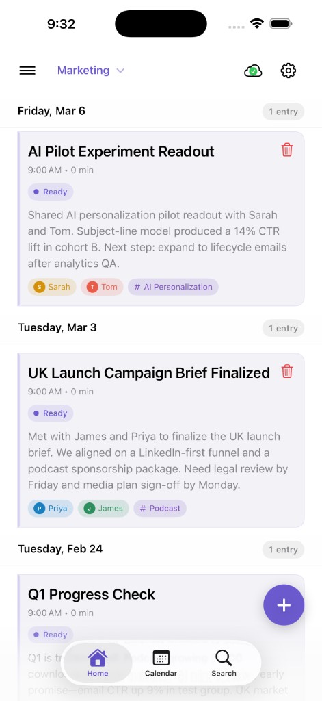 Vaulti home with AI-organized entries, tags, and summaries