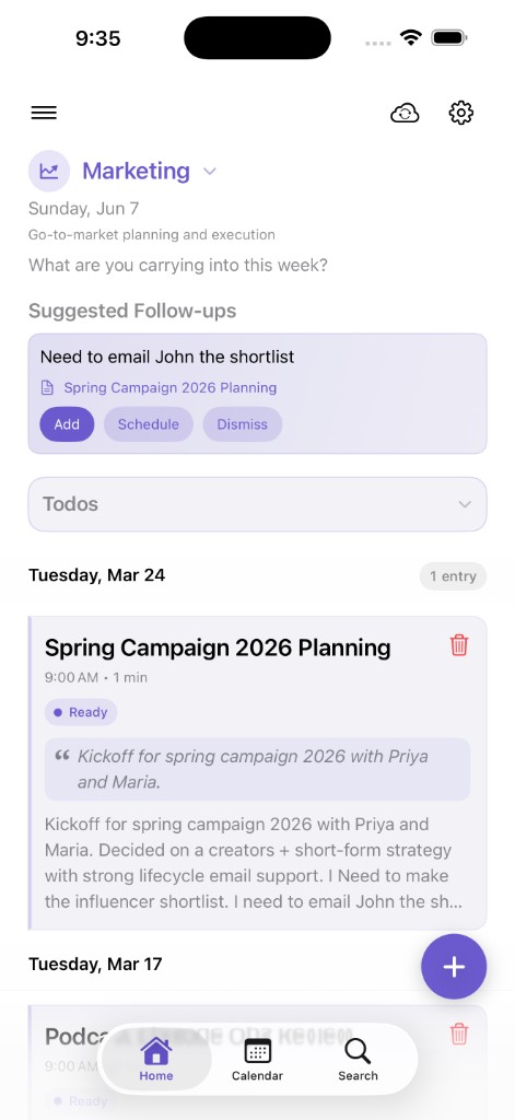 Vaulti Home showing suggested follow-ups above journal entries