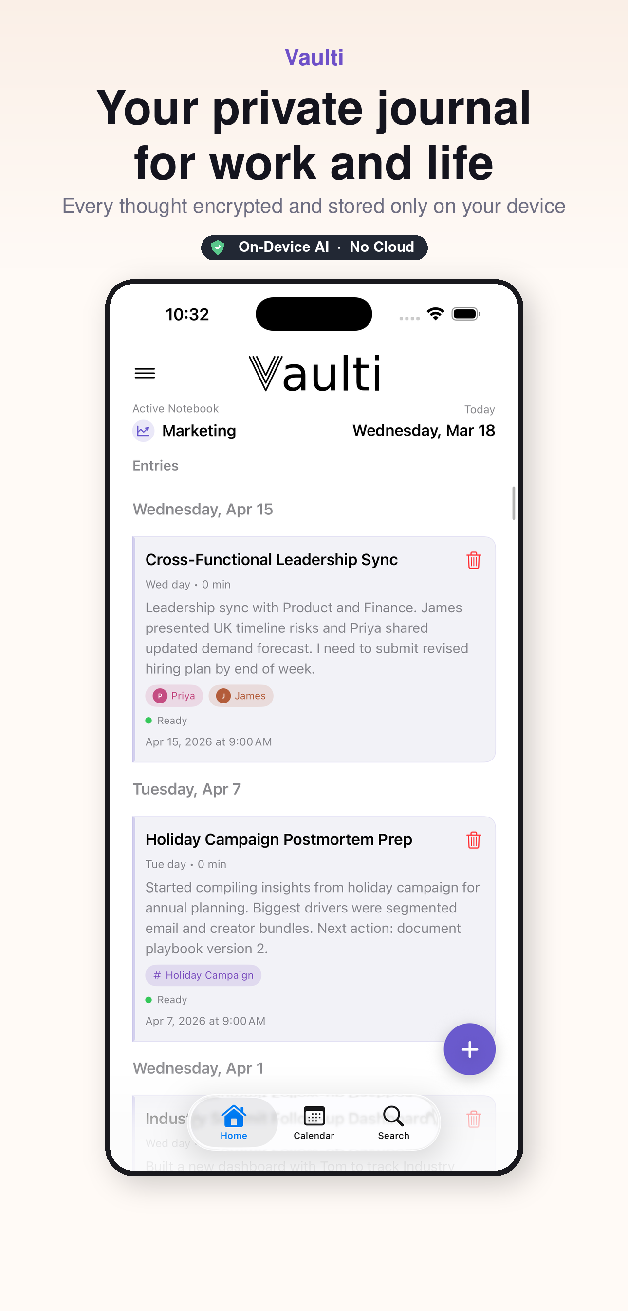 Vaulti home screen with private journal entries