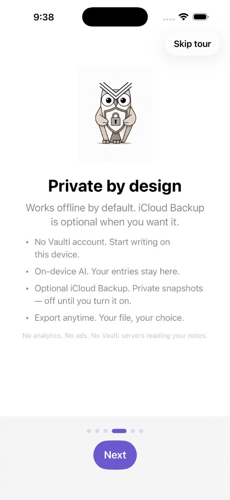 Vaulti onboarding screen explaining private-by-design principles